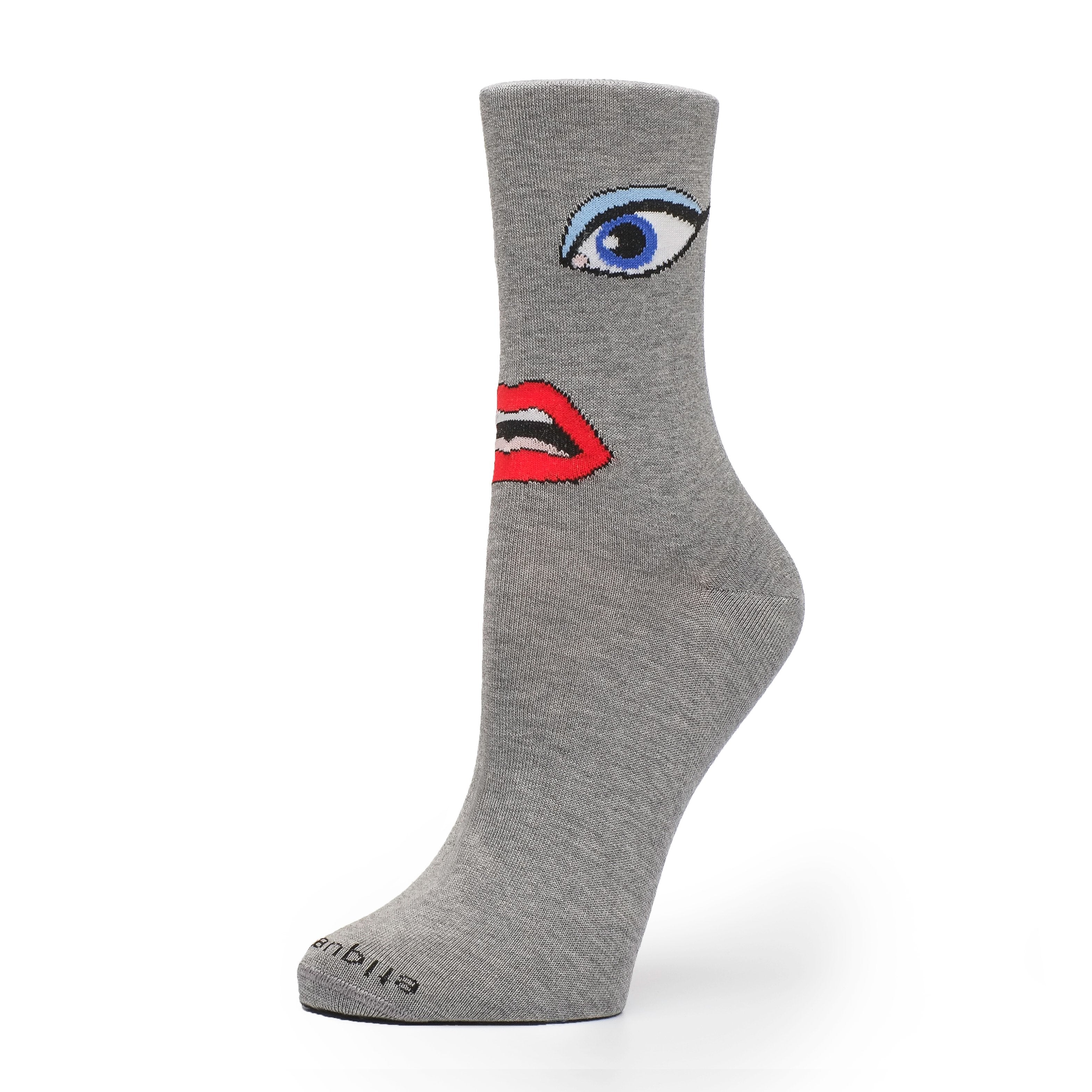 Womens Socks - Etiquette x Yazbukey Lips & Eyes Socks - Grey⎪Etiquette Clothiers